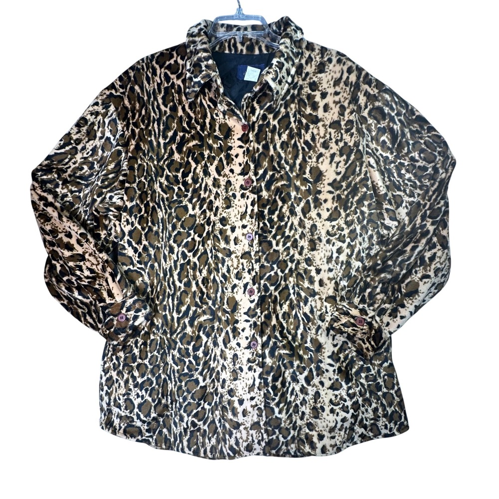 Dennis Basso Leopard Faux Fur Shirt Jacket Animal Print Glam Brown Maximalist L
